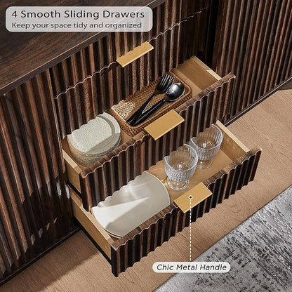 T4TREAM Fluted Buffet Cabinet, 60" Modern Sideboard with Sliding Doors & 4 Drawers, Coffee Bar Table with Storage, Curved Profile Design for Dining Room, Living Room, Dark Walnut
