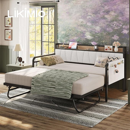 LIKIMIO Daybed with Trundle Bed, Twin Bed Frame with Storage Headboard and Charging Station, Sofa Day Bed with Strong Supports for Living Room, Bedroom, and Guest Room, Cream