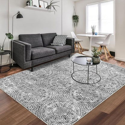 vivorug 4x6 Rug, Small Area Rug for Living Room, Bedroom, Kitchen, Machine Washable Non-Slip Throw Rug, Vintage Medallion Carpet for Entryway Nursery Coffee Table - Durable (Grey)