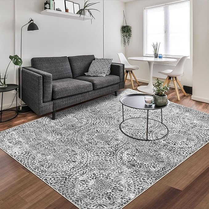 vivorug 6x9 Area Rugs, Ultra-Soft Washable Rug for Living Room Dinner Room Bedroom, Non-Slip Vintage Rug, Indoor Carpet Large Area Rug, Grey