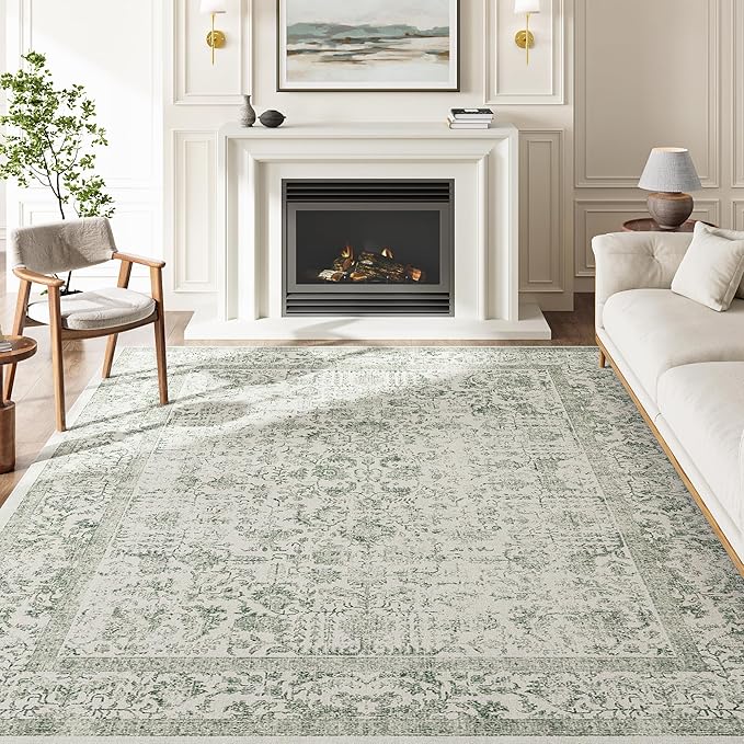 Sage Green Area Rug 8x10 Living Room Washable Carpet Vintage Distressed Non Slip Bedroom Carpet Neutral Low Pile Retro Floral Farmhouse Large Rug Home Office Dining Room Playroom