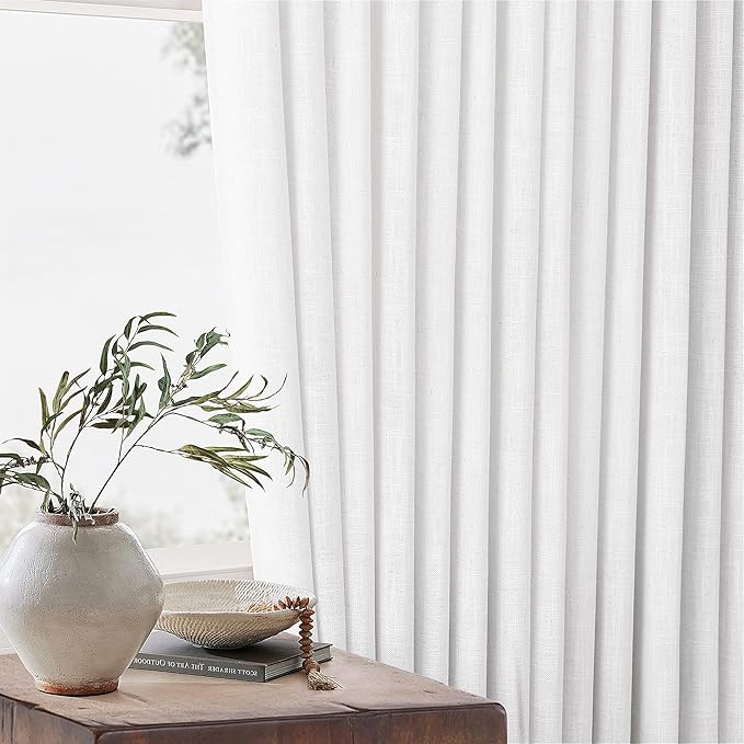 Pinch Pleated Extra Wide Linen Curtains 84 Inches Long for Patio Sliding Glass Door White 60 Inch Wide Pleated Drapes with Hooks Rings Neutral Semi Sheer 60x84 Curtain for Living Room 1 Panel