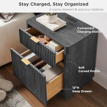 T4TREAM 23'' Fluted Nightstand with Charging Station, Large 2 Drawer Side Table, Modern End Table with Storage, Mid Century Bedside Table for Bedroom, Living Room, Curved Profile, Dark Alder