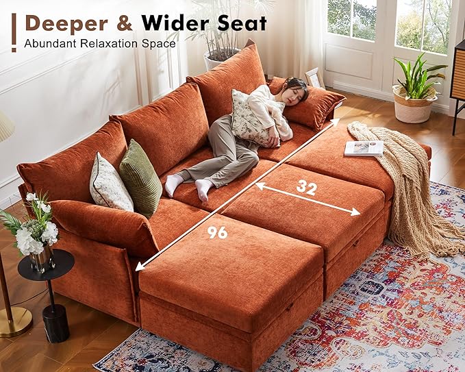 ABCASA 102.6" Modular Sectional Sofa, Oversized 3-Seater Terracotta Orange Couch with Removable Chenille Fabric Cover, Deep Seat & High Backrest for Living Room, Office & Apartment