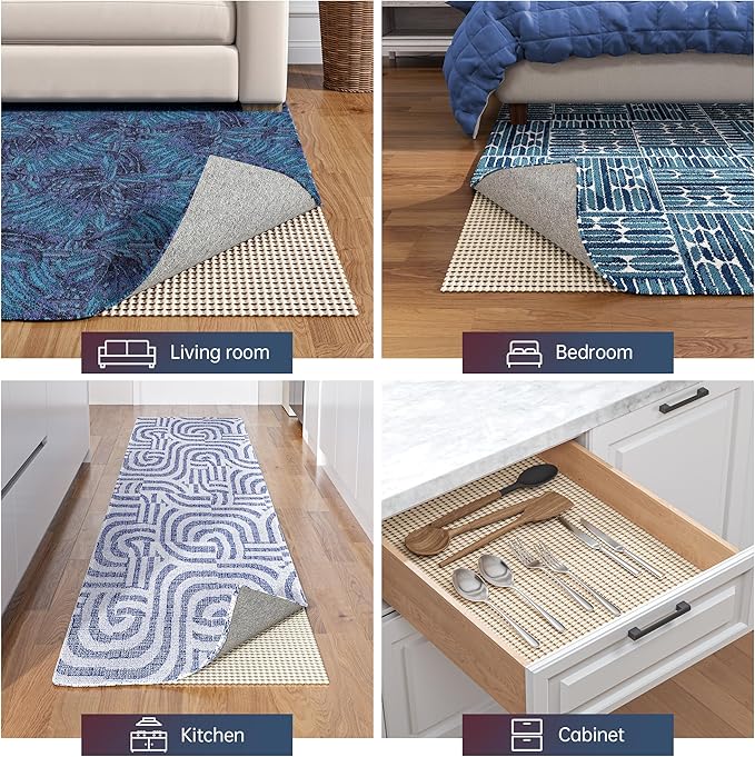 Non-Slip Rug Pad Gripper 8x10 Feet, Anti Skid Mat for Under Area Rugs, Keeps Rugs in Position and Safe, Thick Cushioned Carpet Pad for Hardwood Floors Protection