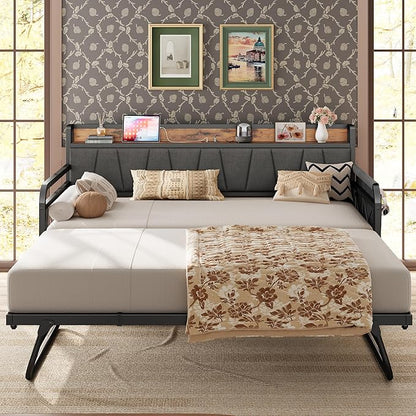 LIKIMIO Daybed with Trundle Bed, Twin XL Bed Frame with Storage Headboard and Charging Station, Sofa Day Bed with Strong Supports for Living Room, Bedroom, and Guest Room, Grey