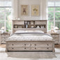 Farmhouse Queen Size Bed Frame with 54" Tall Storage Bookcase Headboard, 18" Roman Column Decoration Footboard,2 Drawer & 4 Storage Rack,Wood Platform Bed Frame, No Box Spring Needed(Light Rustic Oak)