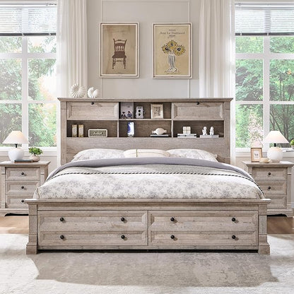 Farmhouse King Size Bed Frame with 54" Tall Storage Bookcase Headboard, 18" Roman Column Decoration Footboard,2 Drawer & 4 Storage Rack, Wood Platform Bed Frame, No Box Spring Needed(Light Rustic Oak)