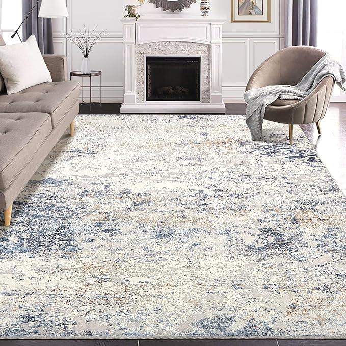 Area Rug Living Room Rugs - 10x12 Large Soft Indoor Neutral Modern Abstract Low Pile Washable Rug Carpet for Bedroom Dining Room Farmhouse Home Office - Beige Blue
