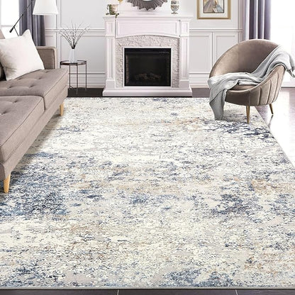 Area Rug Living Room Rugs - 7x9 Large Soft Indoor Neutral Modern Abstract Low Pile Washable Rug Carpet for Bedroom Dining Room Farmhouse Home Office - Beige Blue