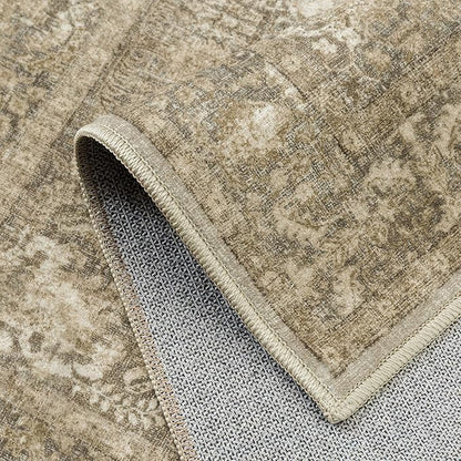 Brown Area Rug 8x10 Machine Washable Large Vintage Living Room Distressed Non Slip Carpet Traditional Indoor Bedroom Retro Floral Accent Throw Rug for Office Kitchen Dining Room