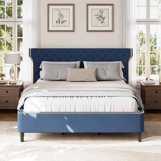 Christopher Knight Home Salus Linen Upholstered Queen Size Bed Frame with Headboard, Modern Queen Bed Frame and Headboard, Wooden Slats Support, Easy Assembly, No Box Spring Needed, Blue