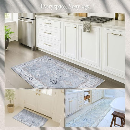 Fame Rugs Gray Modern Oushak Rug 2'6"x10, Vintage Turkish Colorful Oriental Antique Inspired Foldable Long Washable Runner Rugs, Luxury Living Room Bedroom (Gbeige, 2'6" x 10')