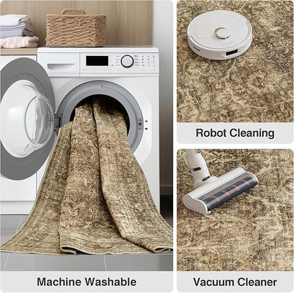 Fmfunctex 2x6 Runner Rug Brown Vintage Neutral Washable Distressed Non Slip Low Pile Indoor Carpet Soft Retro Floral Hallway Entryway Rug for Kitchen Living Room Bedroom Bathroom Laundry Entry Bedside
