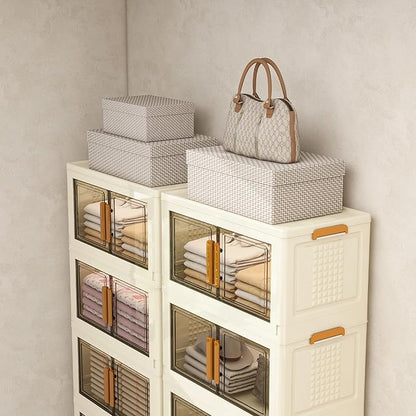Plastic Stackable Storage Bins with Lids and Wheels, 180QT-45QT*4Tier Foldable Closet Organizers and Containers, Collapsible Clear Drawer Storage Cabinet with Doors Ivory White