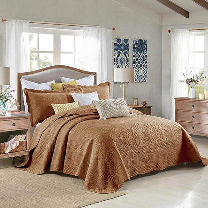 MarCielo 3-Piece 100% Cotton Oversized Bedspread Lightweight Quilt Coverlet Embroidery Farmhouse Bedding Set (Tf Dusty Orange, Oversized King (118"x106"))