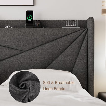 Full Size Upholstered Bed Frame with Charging Station, Platform Bed Frame with Storage Headboard, Solid Wood Slats Support, No Box Spring Needed, Dark Gray