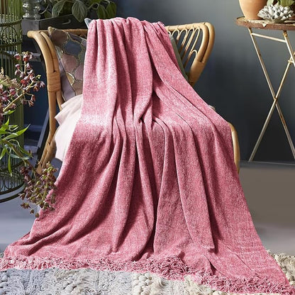 Chenille Throw Blanket for Couch 60"X 80" Twin, Soft Cozy Throws with Fringe Tassel for Bed Sofa Chair Cover, Lightweight Knitted Decorative Boho Blankets for Living Room, Rose Pink