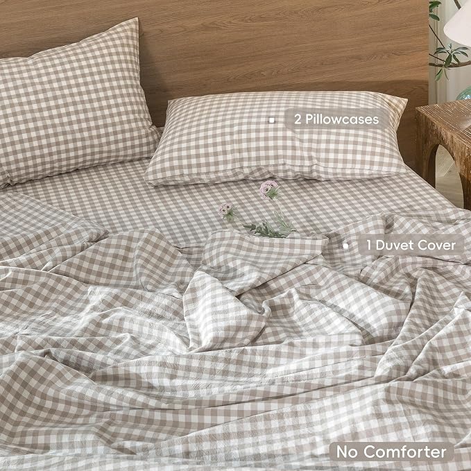 MooMee Gingham Duvet Cover Set 100% Washed Cotton Linen Like Textured Breathable Durable Soft Comfy Modern Checkered Design (Tannish Linen Grey Gingham, Cal King 104"x98")