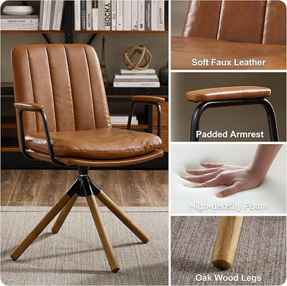 Art Leon Desk Chair No Wheels, Set of 2, Mid Century Modern Swivel Chair with Oak Wood Legs, Faux Leather Home Office Desk Chairs for Bedroom Living Room, Yellow Brown
