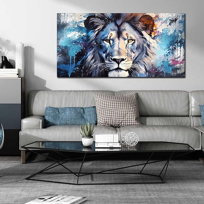 ENTANUB Large Wall Art for Living Room, Lion Canvas Print Painting for Bedroom, Blue Animal Picture Decor, Size 60x30 Inches
