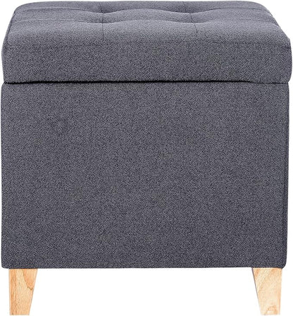 Adeco Fabric Storage Ottoman Bench with Solid Wood Legs, 17.7" Square Dark Grey Cotton Linen Cube Foot Stool, Upholstered Button Tufted Vanity Chair with Hinged Lid for Living Room, Bedroom, Dorm