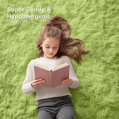 OLANLY 2x6 Machine Washable Runner Rugs for Hallway, Soft Fluffy Shaggy Bedside Rugs for Bedroom, Living Room, Indoor Floor Carpet for Kids Girls Boy, Nursery Rooms, Home Decor Aesthetic, Grass Green