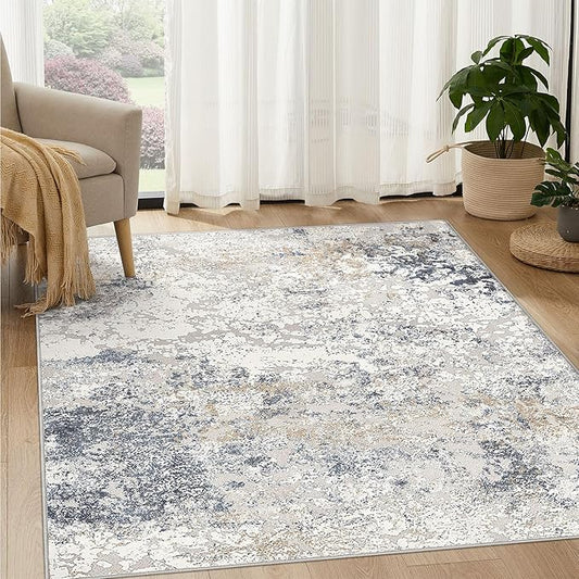 Square Area Rug Living Room Rugs - 6x6 Washable Large Soft Indoor Neutral Modern Abstract Low Pile Rug Carpet for Bedroom Dining Room Farmhouse Home Office - Beige Blue