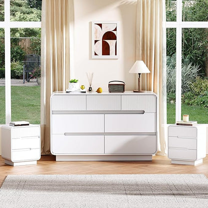 7 Drawer Dresser and 2 Nightstand Sets for Bedroom 3 Pcs Bedroom Set, Modern 47.2" Fluted Dresser with Invisible Handles Nightstand Charging Station, Bedroom Furniture Set for Living Room, White