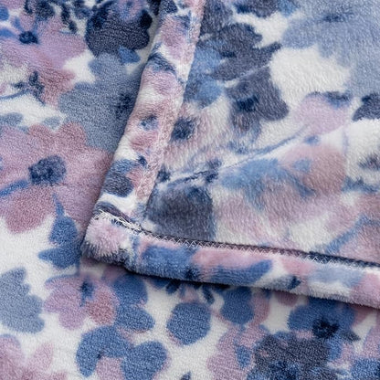 Luxury Printed Fleece Warm Blanket, Soft Lightweight Velvety Plush Throw for Couch and Bed, Cozy Comfy for All Seasons(White Purple Flowers, 108×90 Inches)