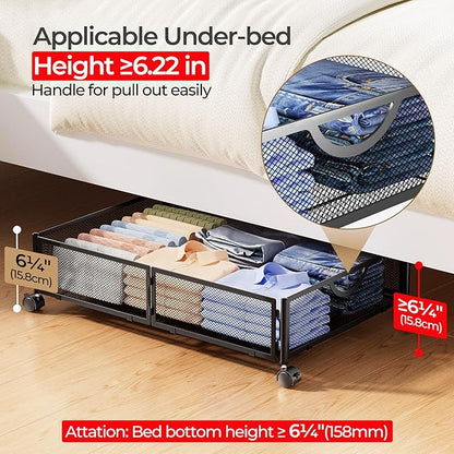 Yecaye Under Bed Storage with Wheels, 2 Pack Under Bed Shoe Storage Organizer Drawer, Tool-free Assembly Metal Underbed Storage Containers for Clothes, Shoes, Black