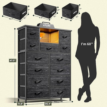 Dresser for Bedroom with 13 Fabric Drawers, Black Dresser with LED & 4 Charging Ports, 47''H Chest of Drawers with Open Storage Shelves for Hallway, Entryway