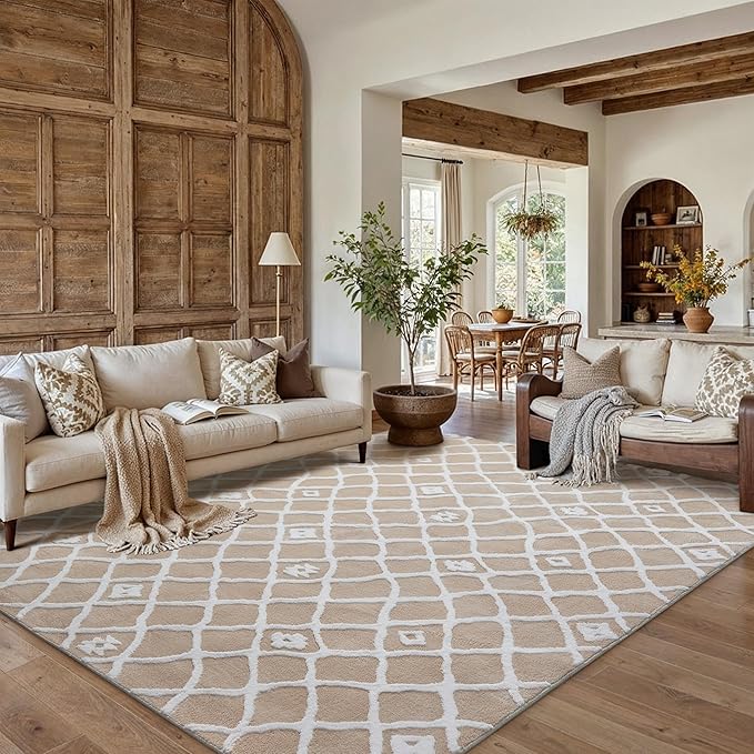Beige 8x10 Area Rug Moroccan Shag Living Room Washable Carpet Soft Non Shedding Neutral Boho Plush Pile Modern Large Throw Rug for Office Bedroom Dining Room Playroom