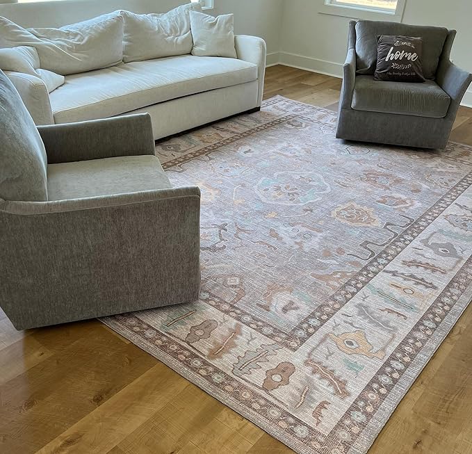 Fame Rugs Brown Modern Oushak Rug 9x12, Vintage Turkish Colorful Oriental Washable Antique Inspired Oversize Area Rugs, Luxury Living Room Bedroom (382MB, 9' x 12)
