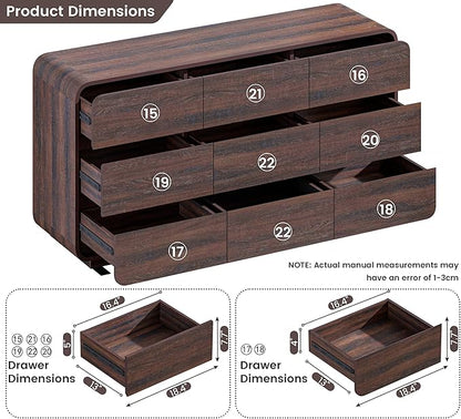 9 Drawer Double Dresser for Bedroom, Modern Curved Wood Chest Drawers of Handleless, Large Storage Dresser Bedroom, Living Room, Entryway, Walnut