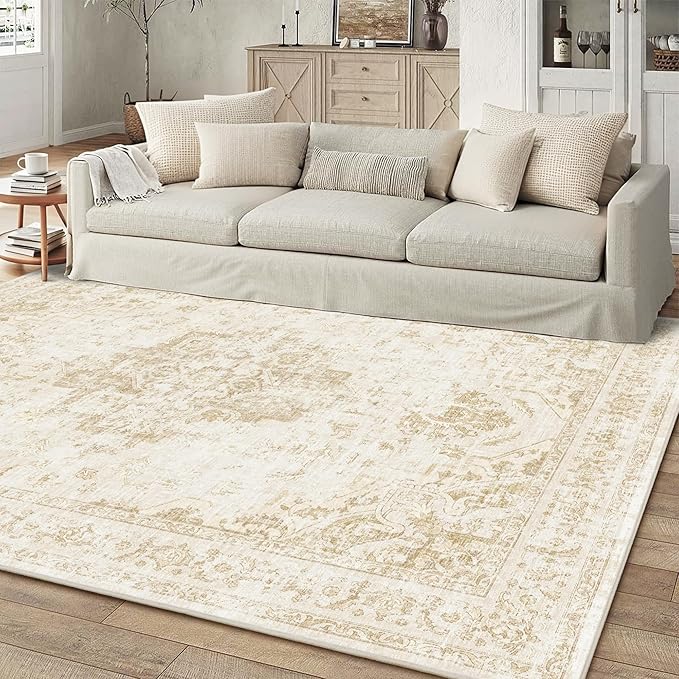 6x9 Vintage Washable Area Rugs Boho Medallion Large Distressed Retro Accent Carpet Floral Non-Slip Soft Low Pile Indoor Throw Rug for Living Room Bedroom Dining Room Office Kitchen, Beige