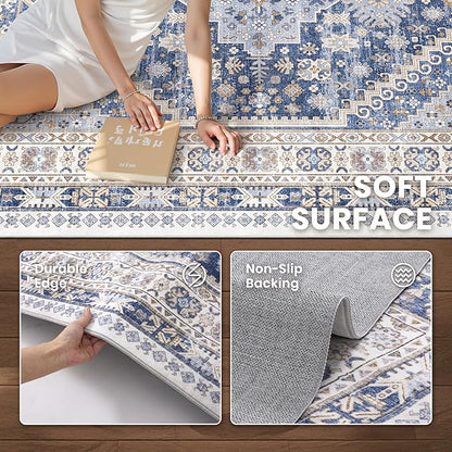 zesthome 10x12 Area Rugs,Stain Resistant Washable Rug,Ultra-Thin Rugs for Living Room,Bedroom,Non-Slip Backing Home Decor Large Area Rug (Blue/Beige,10'x12')