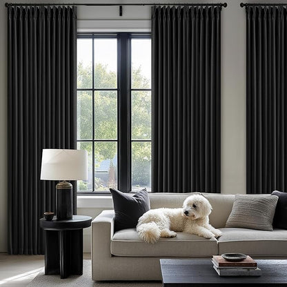 Pinch Pleated Blackout Curtains 102 Inches Long for Bedroom 100% Black Out Thick Linen Dual Layer Pinch Pleat Drapes with Back Tab Farmhouse Modern Black 102 Inch Curtain for Dining Living Room