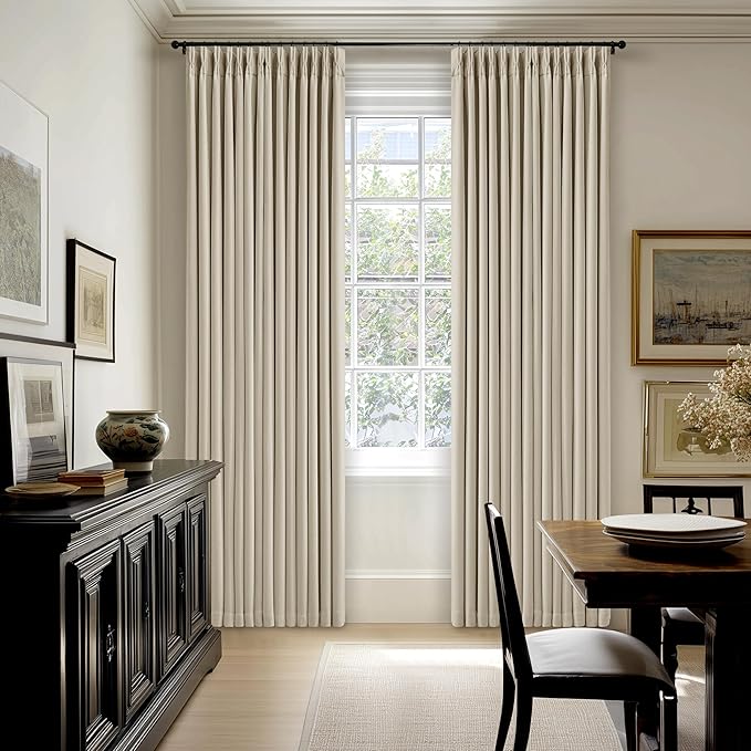 105 Inch Blackout Pleated Curtains for Bedroom Living Room Darkening Linen Textured Pinch Pleat 100% Black Out Thermal Insulated Window Drapes Double Layer Soundproof Curtains 2 Panels Oatmeal Beige