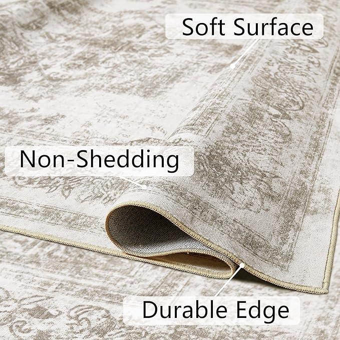 Runner Rug 3x8 Beige Hallway Washable Carpet Non Slip Vintage Medallion Carpet Low Pile Soft Distressed Retro Indoor Long Rug for Entryway Kitchen Bathroom Laundry Bedroom