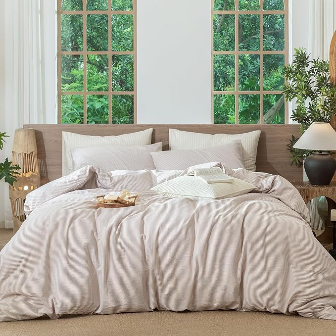 MooMee Striped Duvet Cover Set 100% Washed Cotton Linen Like Textured Breathable Durable Soft Comfy (Orange Pinstripes, King 104"x90")