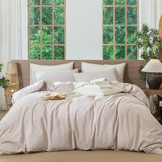 MooMee Striped Duvet Cover Set 100% Washed Cotton Linen Like Textured Breathable Durable Soft Comfy (Orange Pinstripes, King 104"x90")