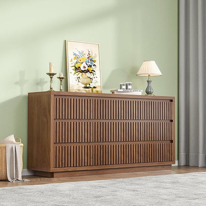 Fluted Long 9 Drawer Dresser, Large Mid Century Dresser for Bedroom, 58" Wide Vintage Chest of Drawers, Wood Closet Clothes Organizer, Walnut TV Stand for Living Room, Wooden, Brown