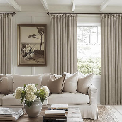 Pinch Pleated Linen 102 Inch Curtains 60 Inch Width for Living Room Divider Light Filtering Semi Sheer Burlywood Taupe Extra Wide Patio Curtains for Sliding Door Floor Ceiling Picture Window 60x102