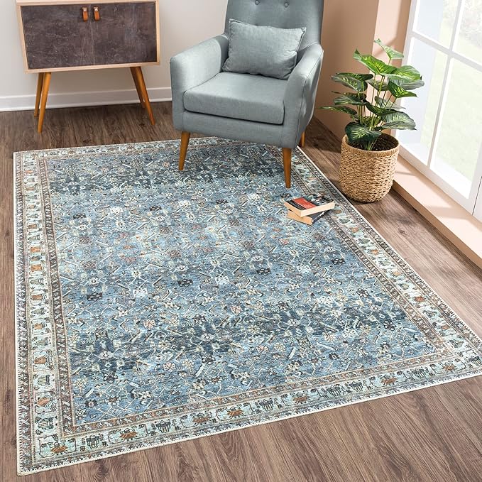 Bloom Rugs Washable Non-Slip 5' x 7' Rug - Blue/Beige Traditional Area Rug for Living Room, Bedroom, Dining Room, and Kitchen - Exact Size: 5' x 7'
