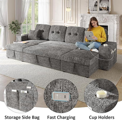 117" Sleeper Sofa Bed, U-Shaped Sofa with Dual Reversible Storage Chaise | Adjustable Backrest | Wide Armrest, Sectional Couches for Living Room, 4 in 1 Pull Out Couch Bed, Grey Chenille