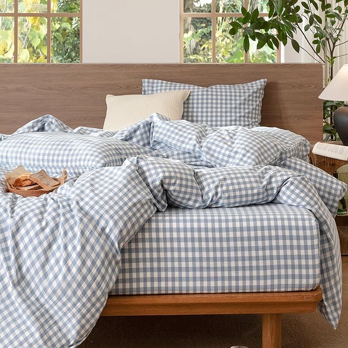 MooMee Gingham Duvet Cover Set 100% Washed Cotton Linen Like Textured Breathable Durable Soft Comfy Modern Checkered Design (Classic Gingham Cornflower Blue, Full 80"x90")