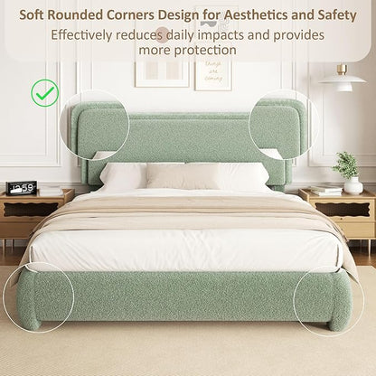 King Size Platform Bed Frame with Headboard, Boucle Upholstered Desige, Anti-Collision Corners, Soft Rounded Corners, No Box Spring Required, Easy Assembly, Noise Free