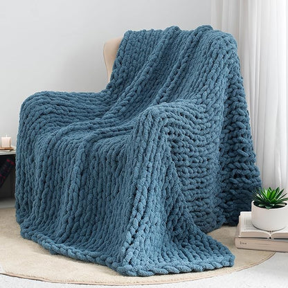 Chunky Knit Throw Blanket 50"X 60", 100% Handmade with Soft Chenille Yarn, 4.4lbs Thick Cable Knitted Blankets, Large Rope Knot Crochet Throws for Couch Sofa Bed Home Decor, Mineral Blue