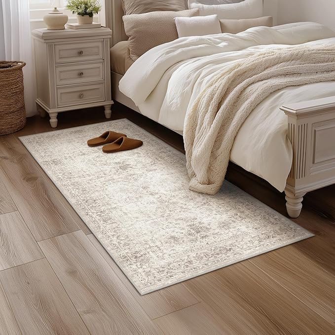 Fmfunctex 2x8 Runner Rug Beige Washable Vintage Neutral Distressed Non Slip Low Pile Indoor Carpet Soft Retro Floral Hallway Entryway Rug for Kitchen Living Room Bedroom Bathroom Laundry Entry Bedside